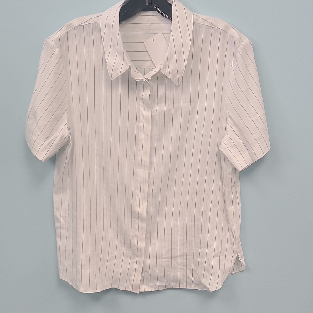 Theroy Linen Blend White Striped Short Sleeve Shirt Women's Size L